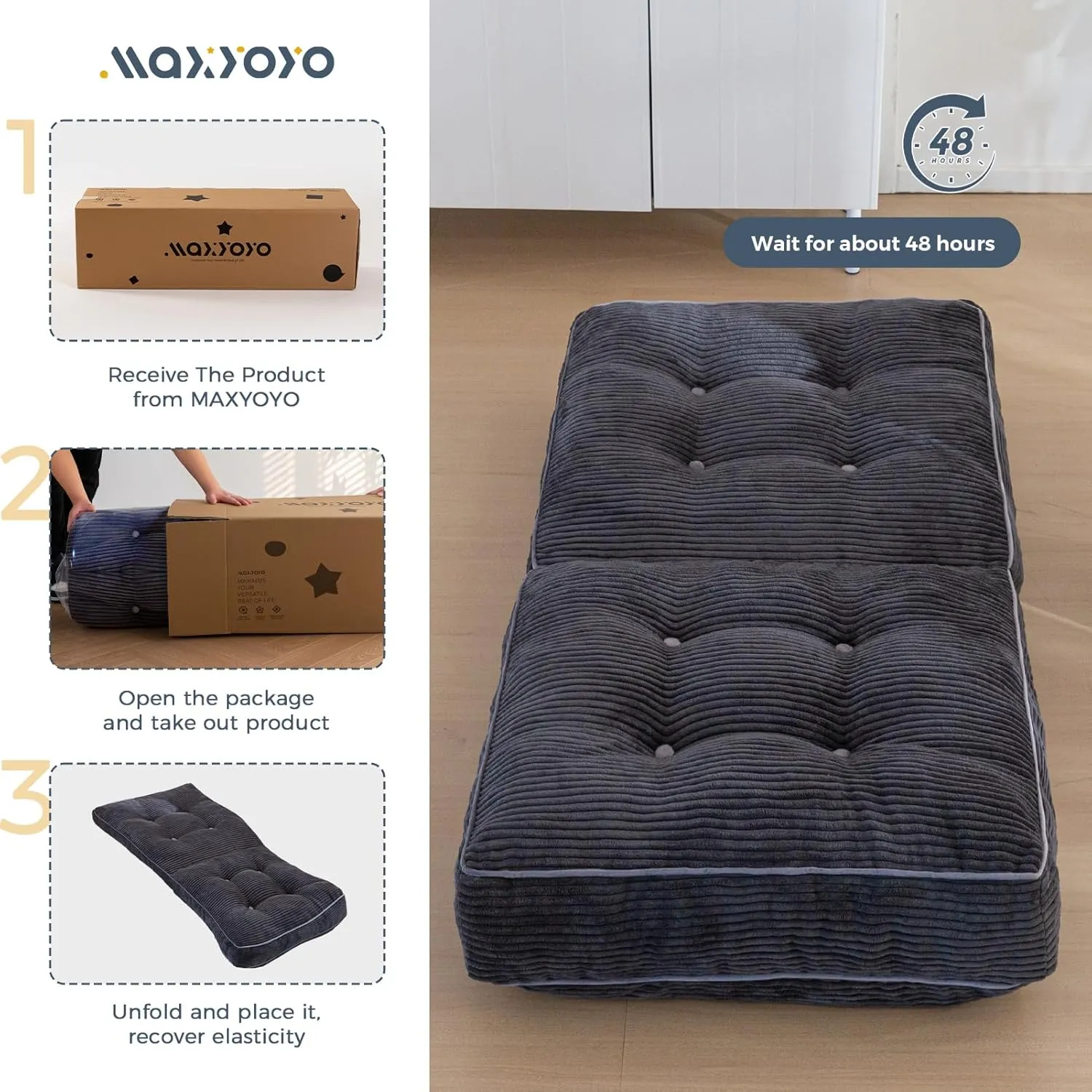 MAXYOYO Adjustable Floor Chair with Back Support, Gaming Floor Meditation Chair with Tufted Cushion, Adults Lounge Couch Folding Sofa Seat for Reading Meditating Sleeping, Dark Grey