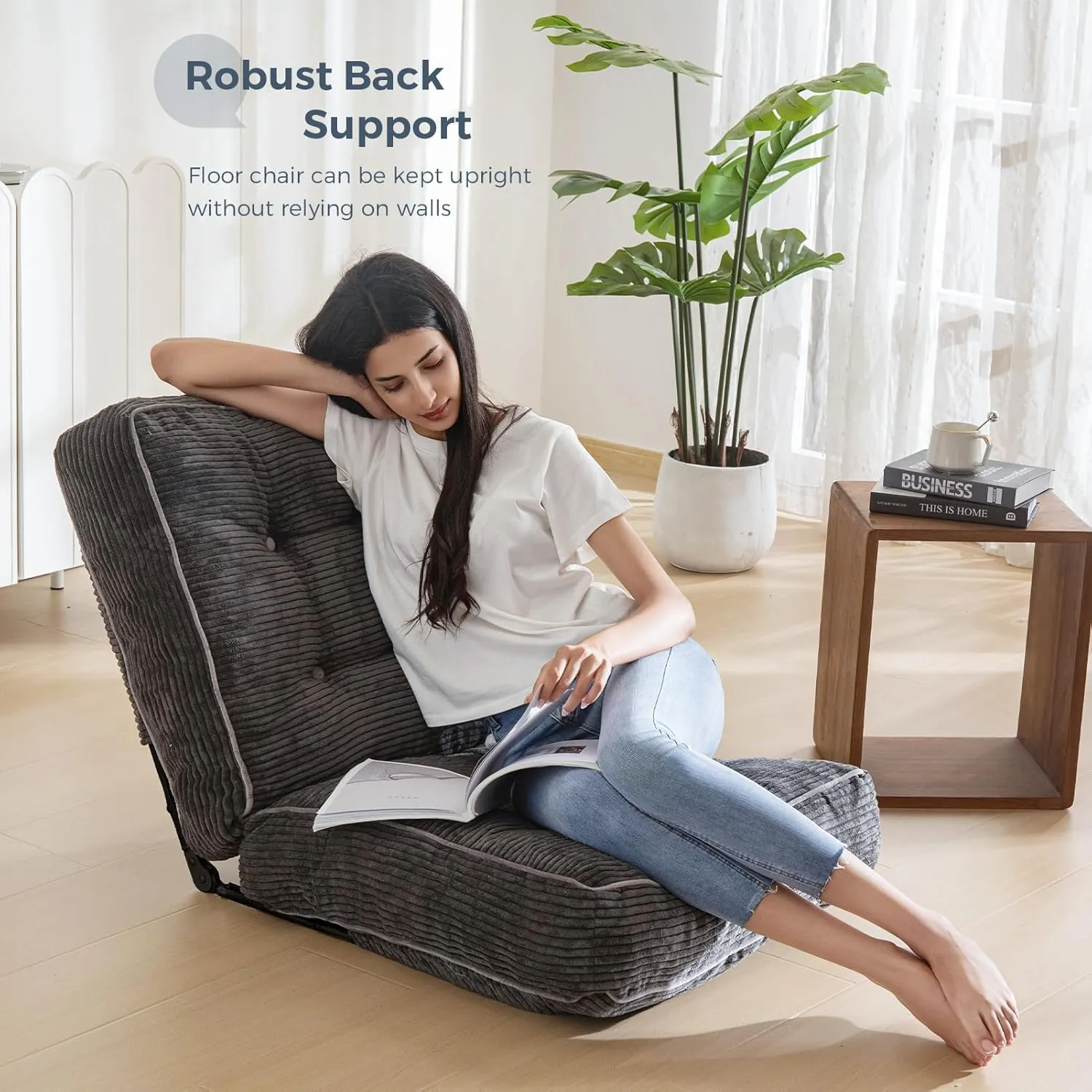 MAXYOYO Adjustable Floor Chair with Back Support, Gaming Floor Meditation Chair with Tufted Cushion, Adults Lounge Couch Folding Sofa Seat for Reading Meditating Sleeping, Dark Grey