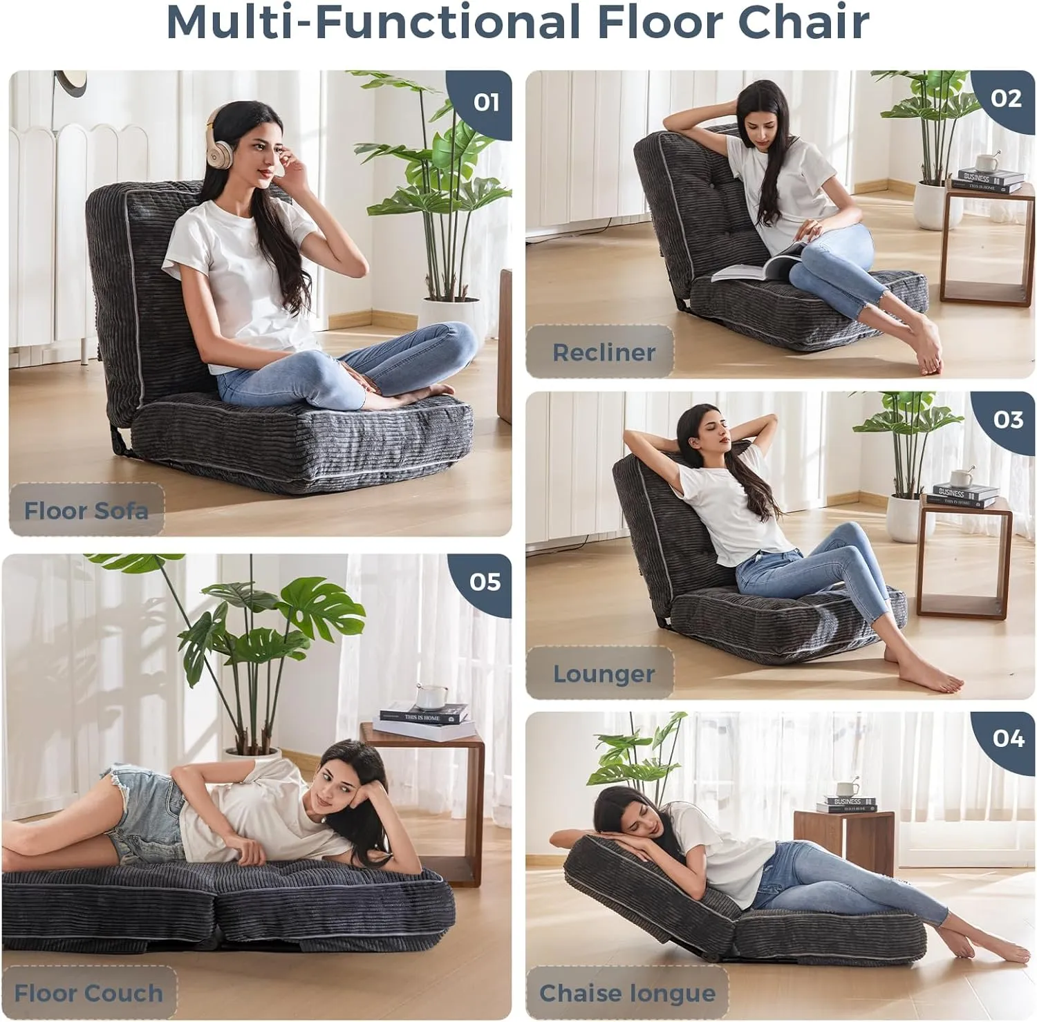 MAXYOYO Adjustable Floor Chair with Back Support, Gaming Floor Meditation Chair with Tufted Cushion, Adults Lounge Couch Folding Sofa Seat for Reading Meditating Sleeping, Dark Grey