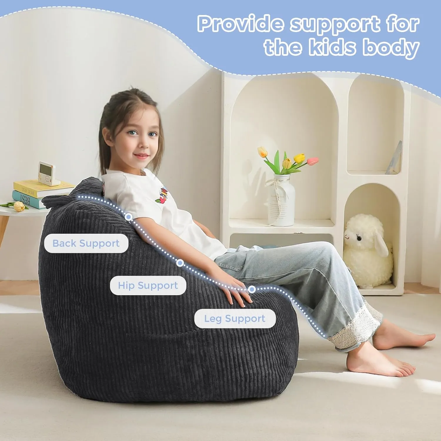 MAXYOYO Kids Bean Bag Chair, Bean Bag Couch with Handle, Comfy Toddler Chair for Boys and Girls, Accent Sofa Chair with Pocket for Gaming Reading Relaxing, Dark Grey
