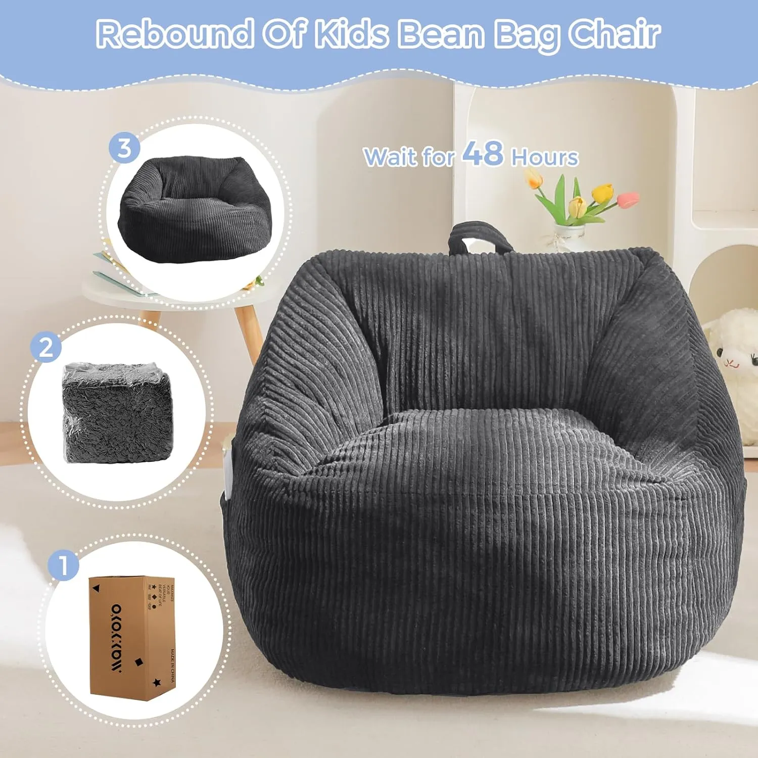 MAXYOYO Kids Bean Bag Chair, Bean Bag Couch with Handle, Comfy Toddler Chair for Boys and Girls, Accent Sofa Chair with Pocket for Gaming Reading Relaxing, Dark Grey