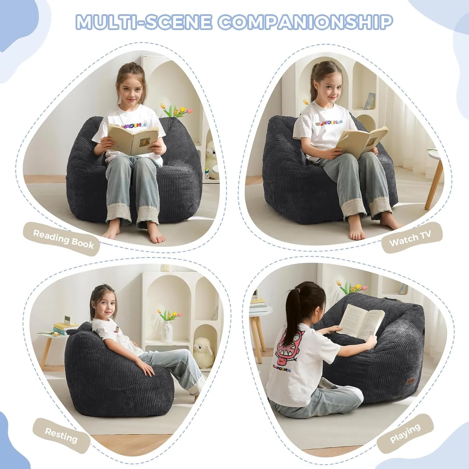 MAXYOYO Kids Bean Bag Chair, Bean Bag Couch with Handle, Comfy Toddler Chair for Boys and Girls, Accent Sofa Chair with Pocket for Gaming Reading Relaxing, Dark Grey