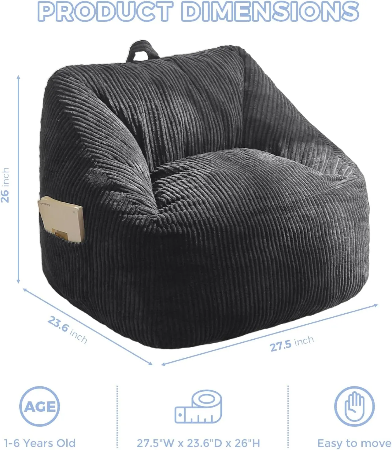 MAXYOYO Kids Bean Bag Chair, Bean Bag Couch with Handle, Comfy Toddler Chair for Boys and Girls, Accent Sofa Chair with Pocket for Gaming Reading Relaxing, Dark Grey