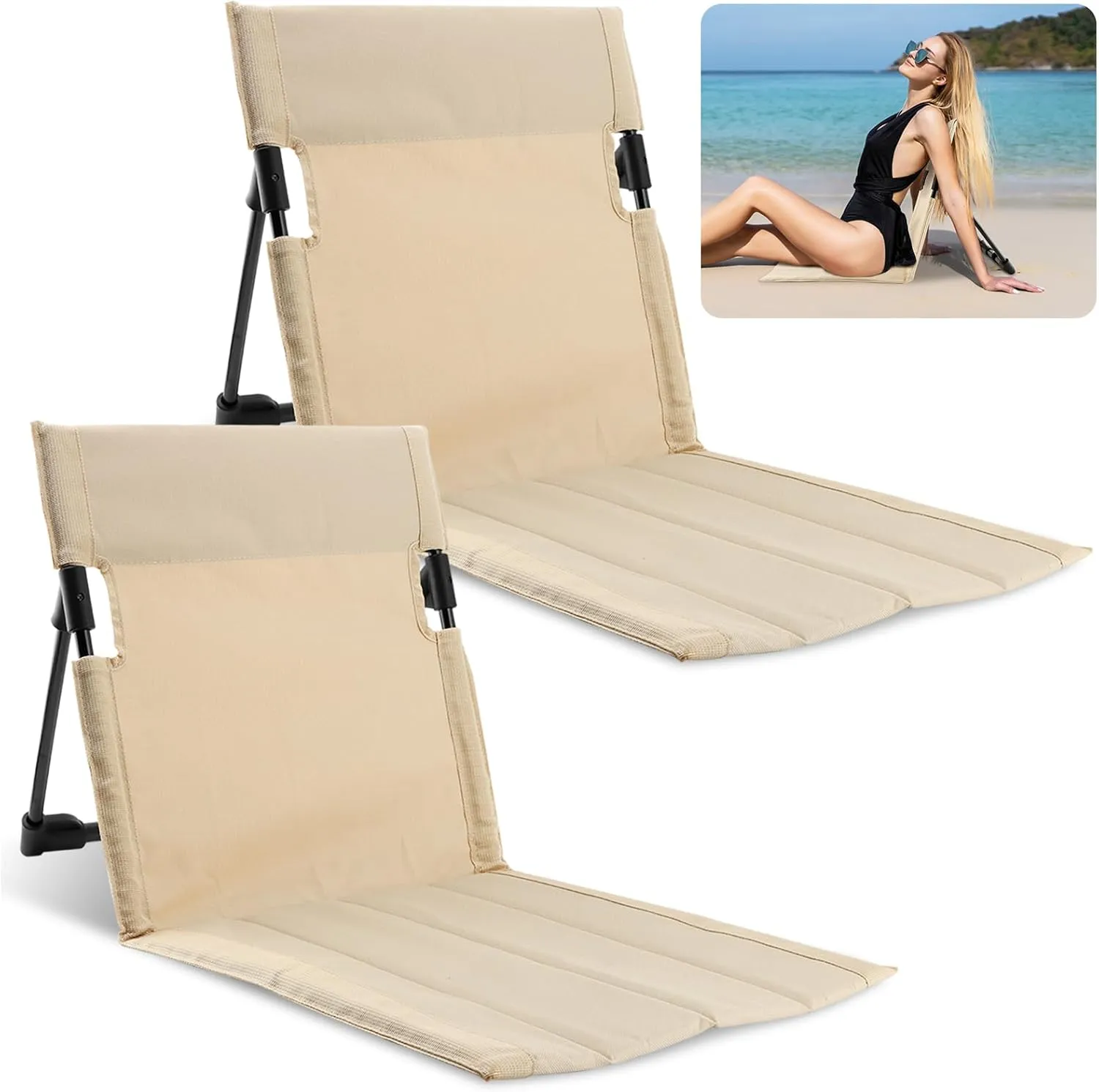 MAYIT Foldable Pool Chair Portable Poolside Chairs Folding Chairs for Edge of Pool with Back Support Easy to Carry for Beaches Picnic Camping Sporting Events Tailgating (2Pcs Beige)