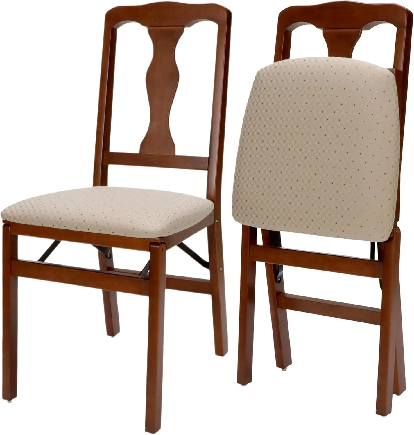 MECO Stakmore Queen Anne Wooden Folding Chairs with Padded Seats, Set of 2 - No Assembly Foldable Dining Chairs, Steel Folding Mechanism, Upholstered Cushion, Space-Saving, Cherry Frame