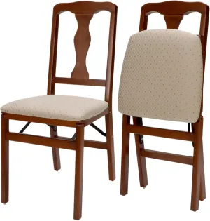 MECO Stakmore Queen Anne Wooden Folding Chairs with Padded Seats, Set of 2 - No Assembly Foldable Dining Chairs, Steel Folding Mechanism, Upholstered Cushion, Space-Saving, Cherry Frame