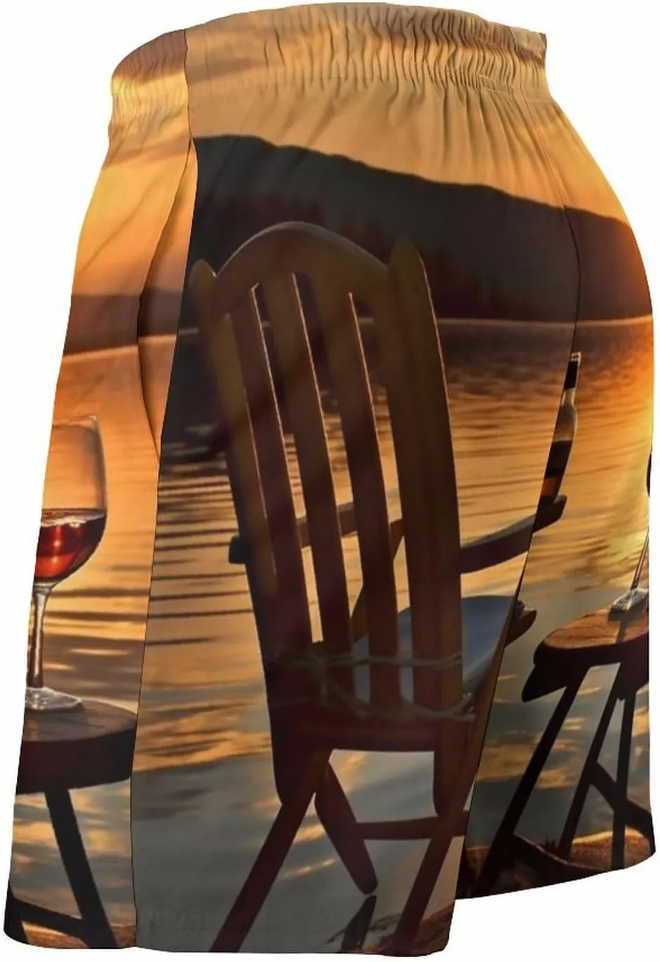 Mens Swim Trunks Chair and Wine at Sunset Lake Swim Shorts Quick Dry Beach Shorts with Mesh Liner and Pocket