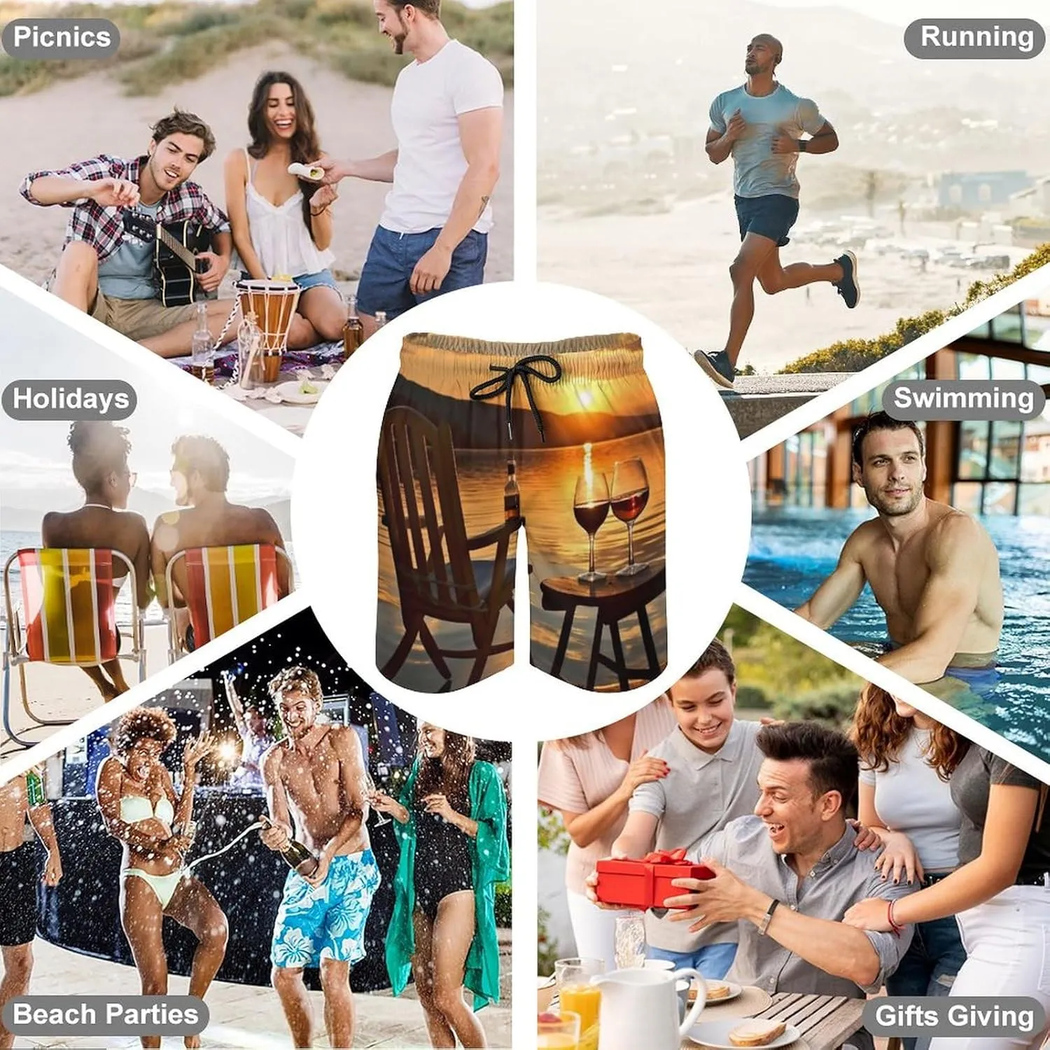 Mens Swim Trunks Chair and Wine at Sunset Lake Swim Shorts Quick Dry Beach Shorts with Mesh Liner and Pocket