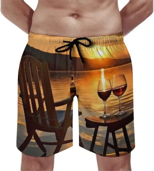 Mens Swim Trunks Chair and Wine at Sunset Lake Swim Shorts Quick Dry Beach Shorts with Mesh Liner and Pocket