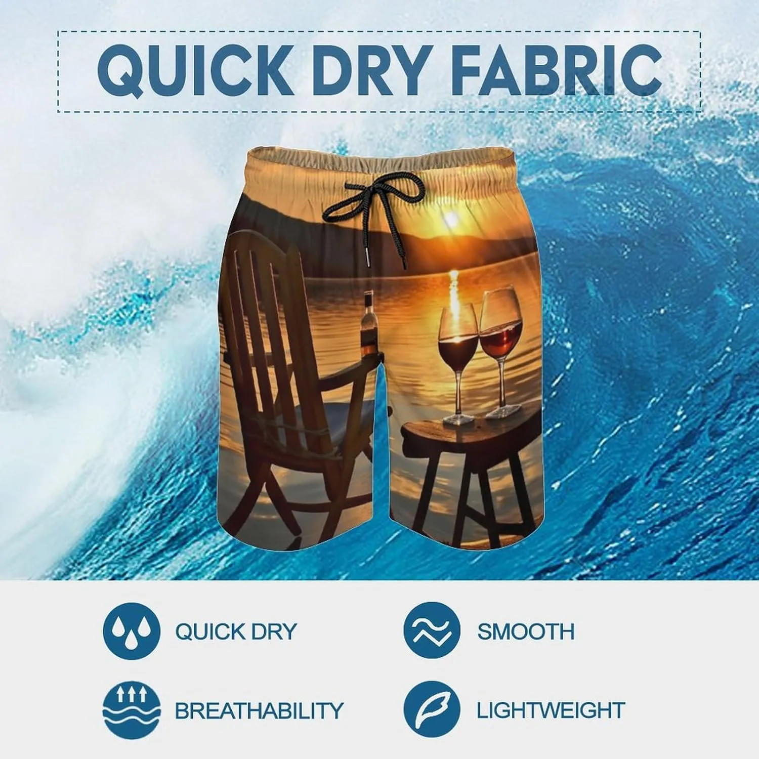 Mens Swim Trunks Chair and Wine at Sunset Lake Swim Shorts Quick Dry Beach Shorts with Mesh Liner and Pocket