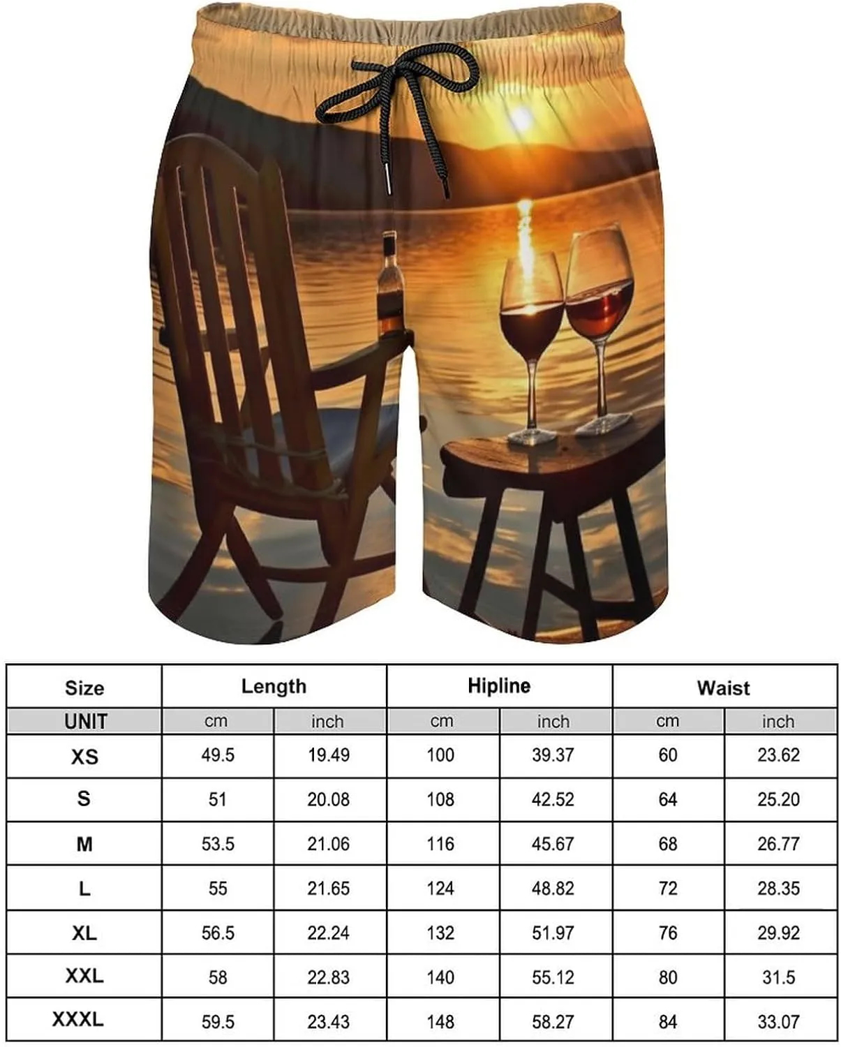 Mens Swim Trunks Chair and Wine at Sunset Lake Swim Shorts Quick Dry Beach Shorts with Mesh Liner and Pocket