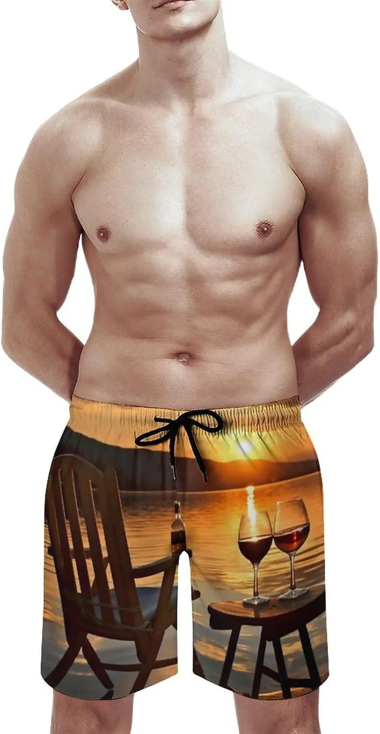 Mens Swim Trunks Chair and Wine at Sunset Lake Swim Shorts Quick Dry Beach Shorts with Mesh Liner and Pocket