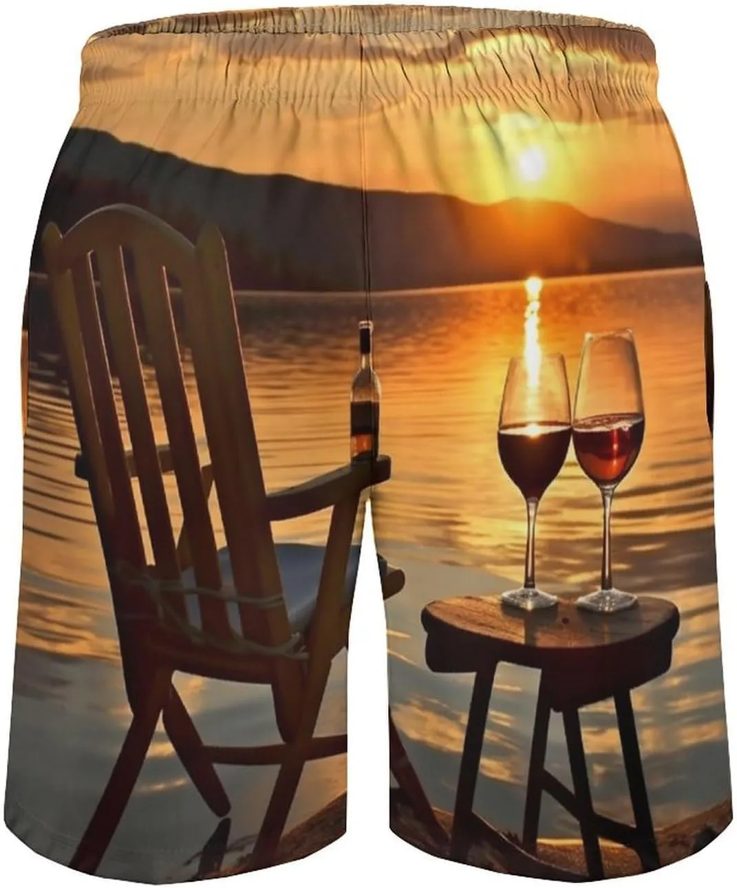Mens Swim Trunks Chair and Wine at Sunset Lake Swim Shorts Quick Dry Beach Shorts with Mesh Liner and Pocket