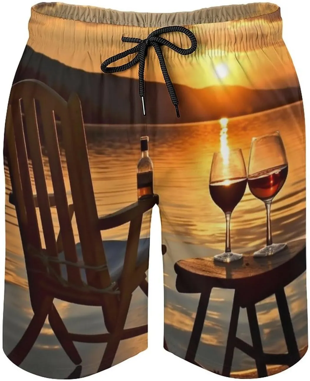 Mens Swim Trunks Chair and Wine at Sunset Lake Swim Shorts Quick Dry Beach Shorts with Mesh Liner and Pocket