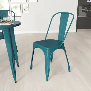 Merrick Lane Banks Stacking Dining Chair - Kelly Blue-Teal Metal Frame - Distressed Powder Coated Finish - Curved Slat Back - 500 lb. Static Weight Capacity