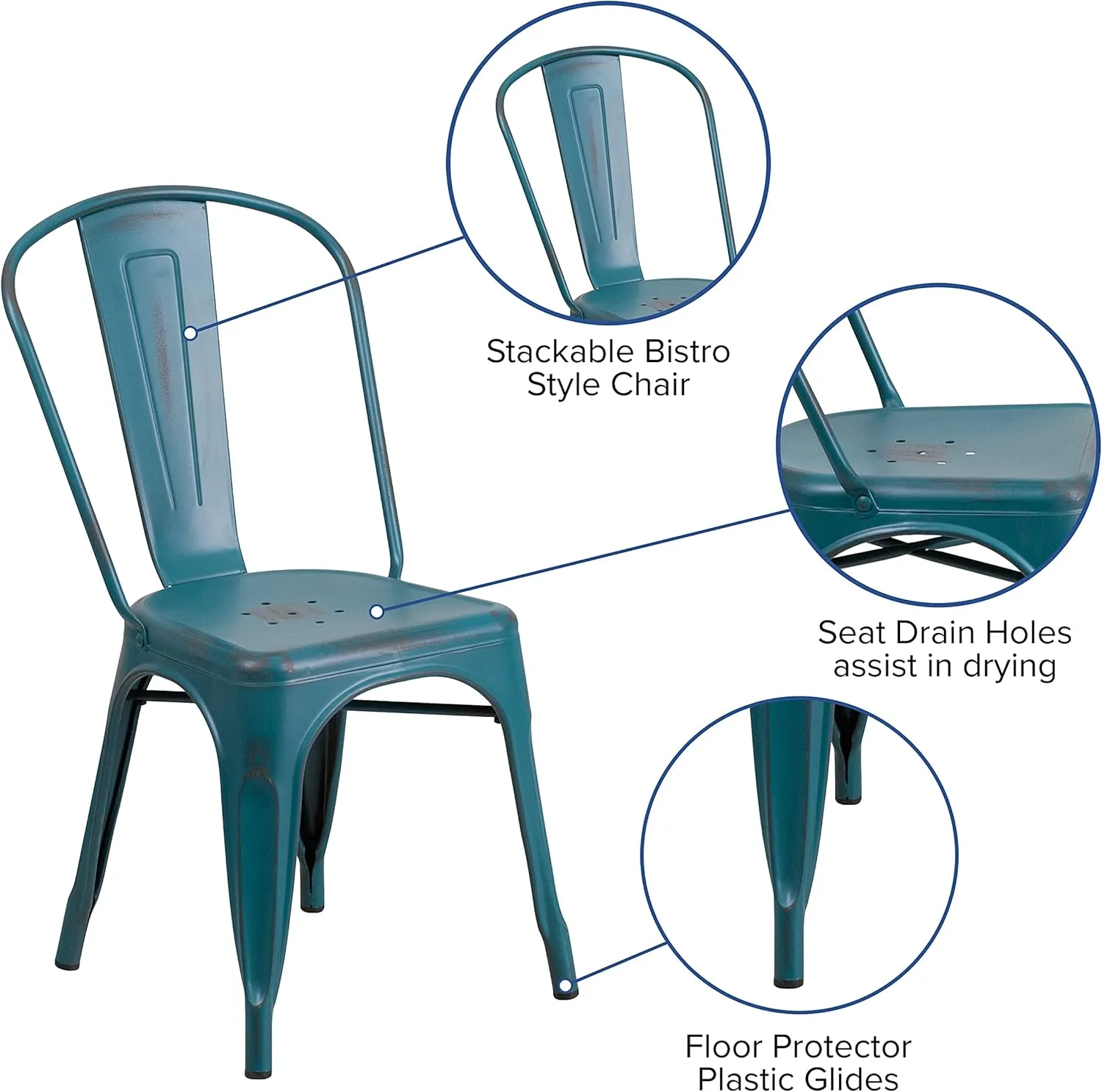 Merrick Lane Banks Stacking Dining Chair - Kelly Blue-Teal Metal Frame - Distressed Powder Coated Finish - Curved Slat Back - 500 lb. Static Weight Capacity