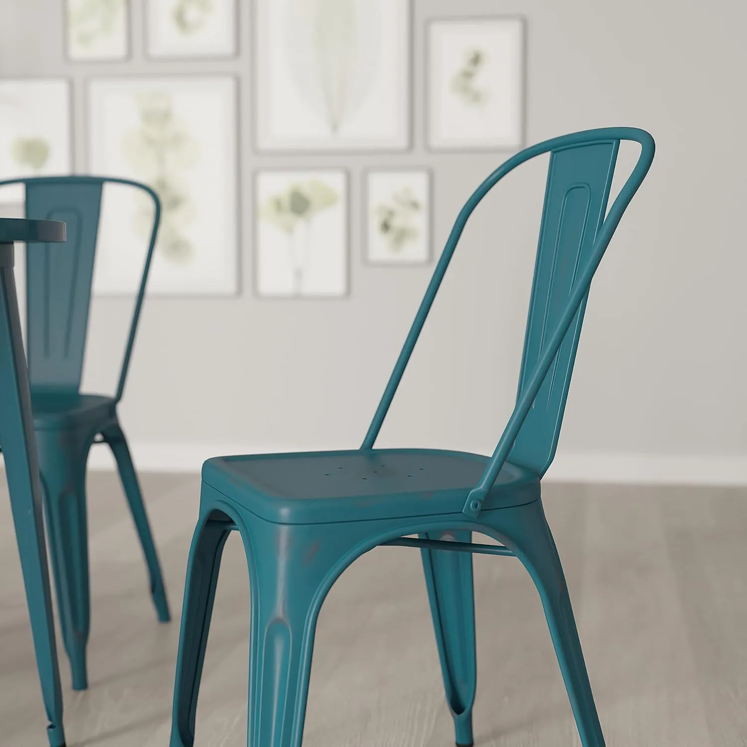 Merrick Lane Banks Stacking Dining Chair - Kelly Blue-Teal Metal Frame - Distressed Powder Coated Finish - Curved Slat Back - 500 lb. Static Weight Capacity