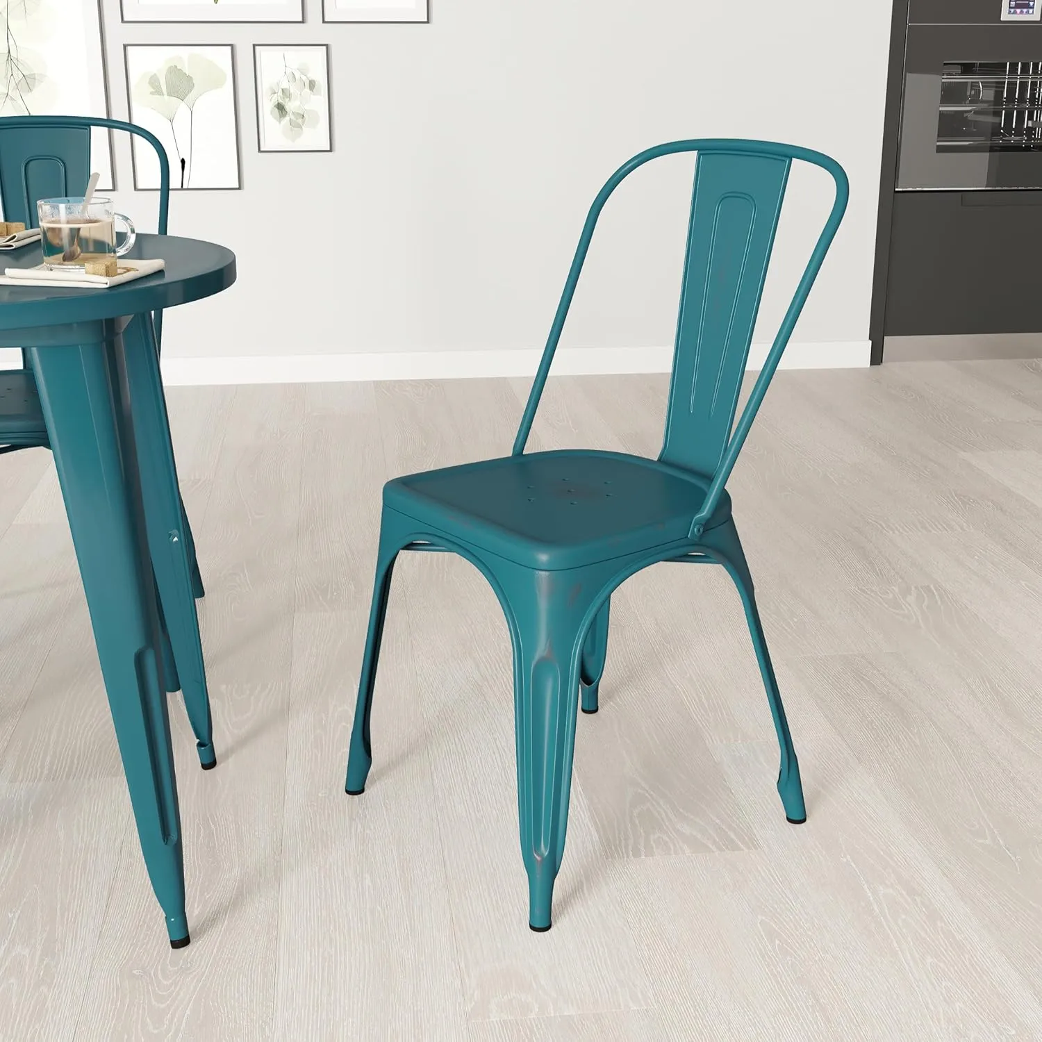 Merrick Lane Banks Stacking Dining Chair - Kelly Blue-Teal Metal Frame - Distressed Powder Coated Finish - Curved Slat Back - 500 lb. Static Weight Capacity