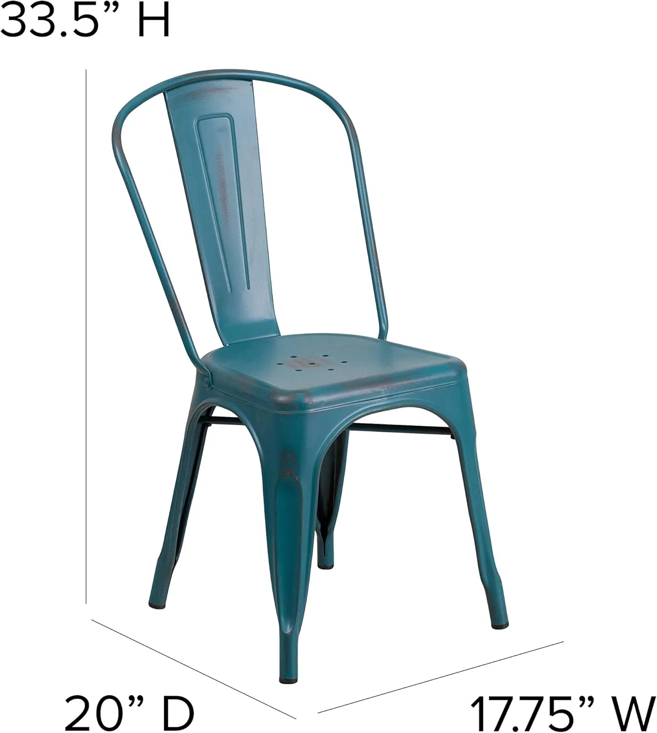 Merrick Lane Banks Stacking Dining Chair - Kelly Blue-Teal Metal Frame - Distressed Powder Coated Finish - Curved Slat Back - 500 lb. Static Weight Capacity
