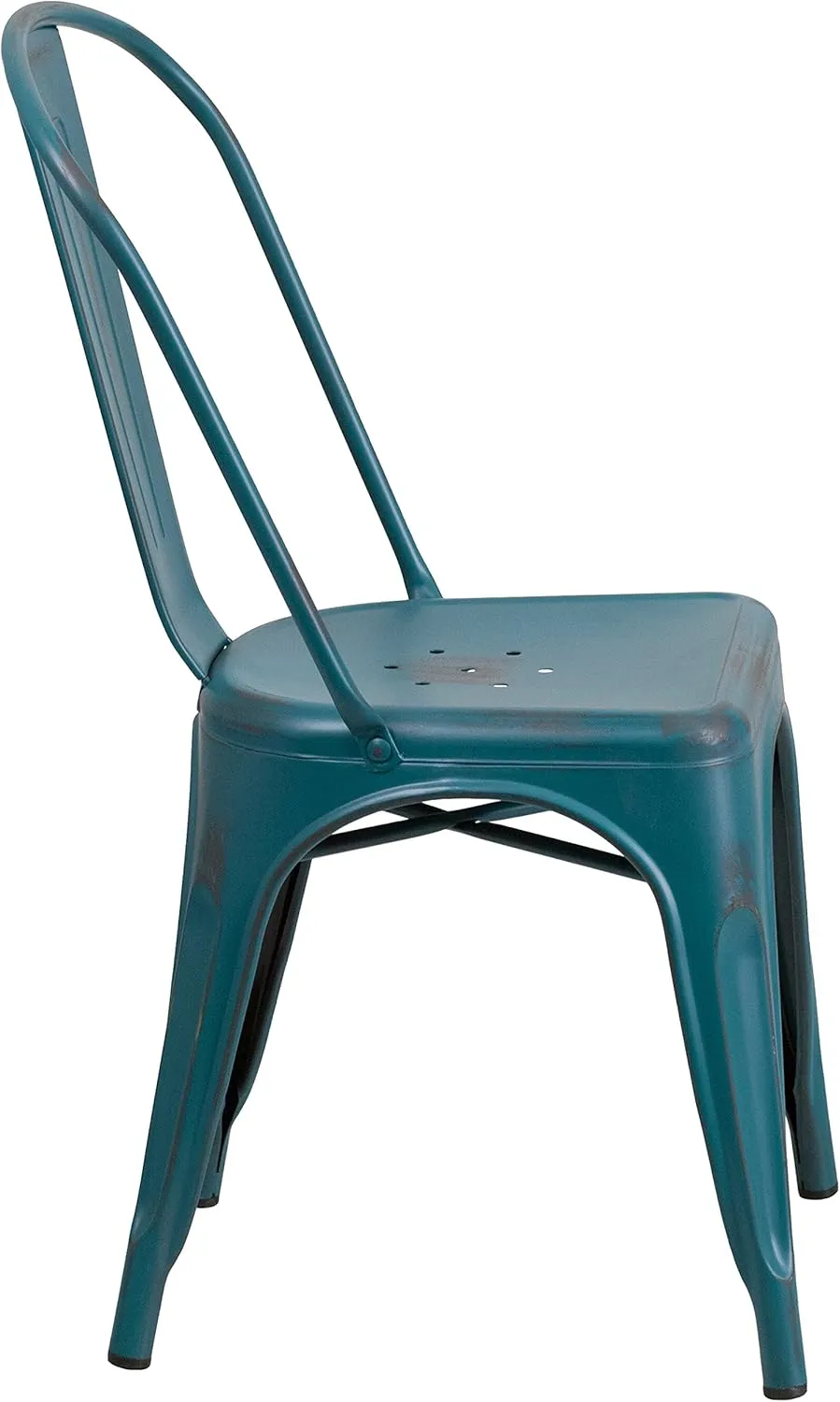 Merrick Lane Banks Stacking Dining Chair - Kelly Blue-Teal Metal Frame - Distressed Powder Coated Finish - Curved Slat Back - 500 lb. Static Weight Capacity