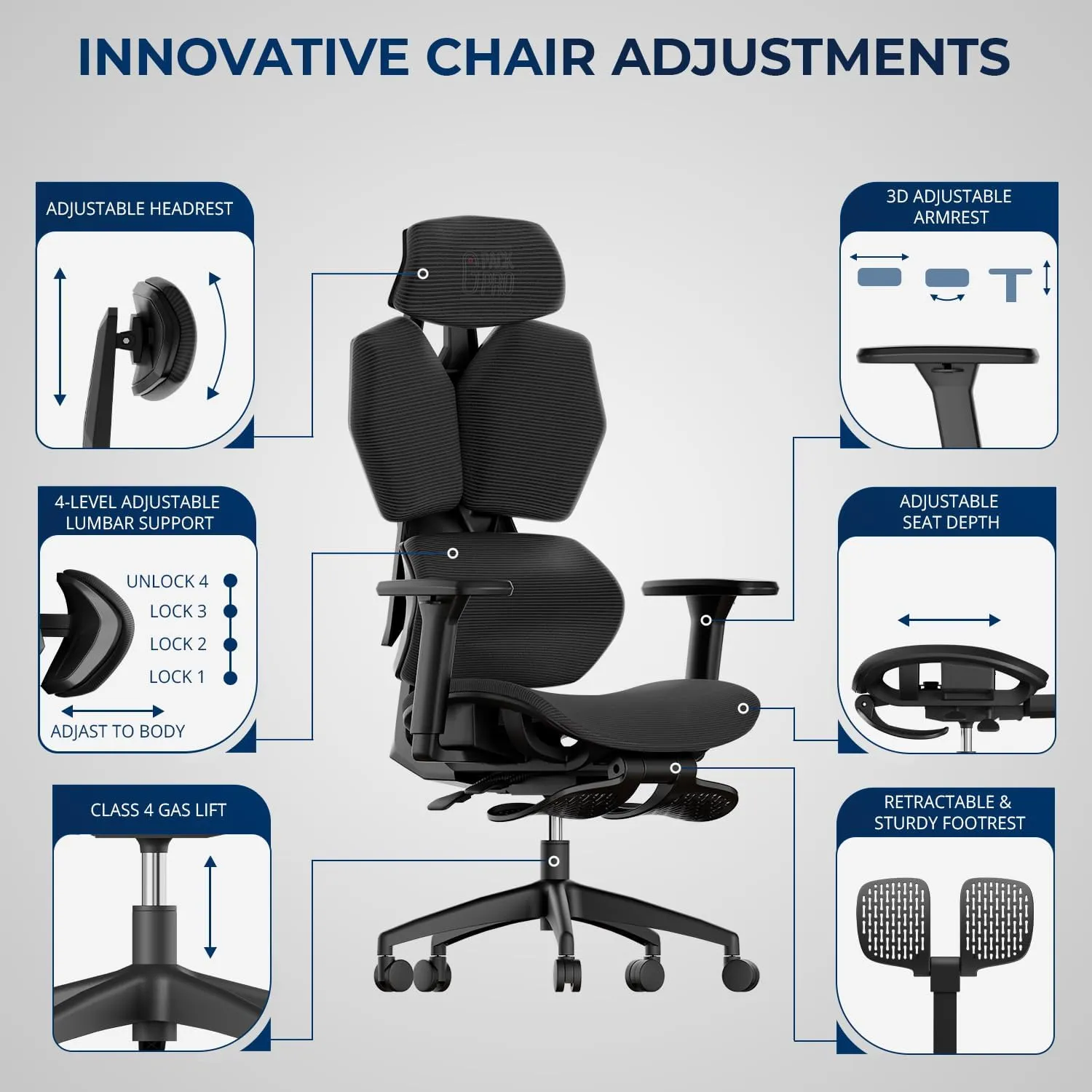 Mesh Office Chair – Ergonomic Office Chair with 4-Level Adjustable Lumbar Support, Headrest, 3D Armrest & Footrest – Holds Up to 290lbs (G-Hawk-Pro -1)