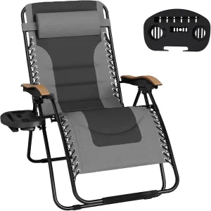 MFSTUDIO Zero Gravity Chairs, Oversized Patio Recliner Chair, Padded Folding Lawn Chair with Cup Holder Tray, Support 400lbs, Grey