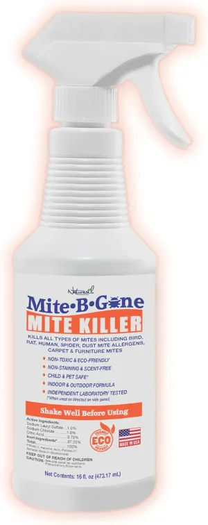 Mite Killer Spray by Mite-B-Gone — Kills Human Mites, Bird, Dust, Spider, Rat, Turkey, Carpet Mites. Treatment for Homes, Furniture, Bedding, Auto & Animals | Non-Toxic | Kid & Pet Safe | 16oz Spray