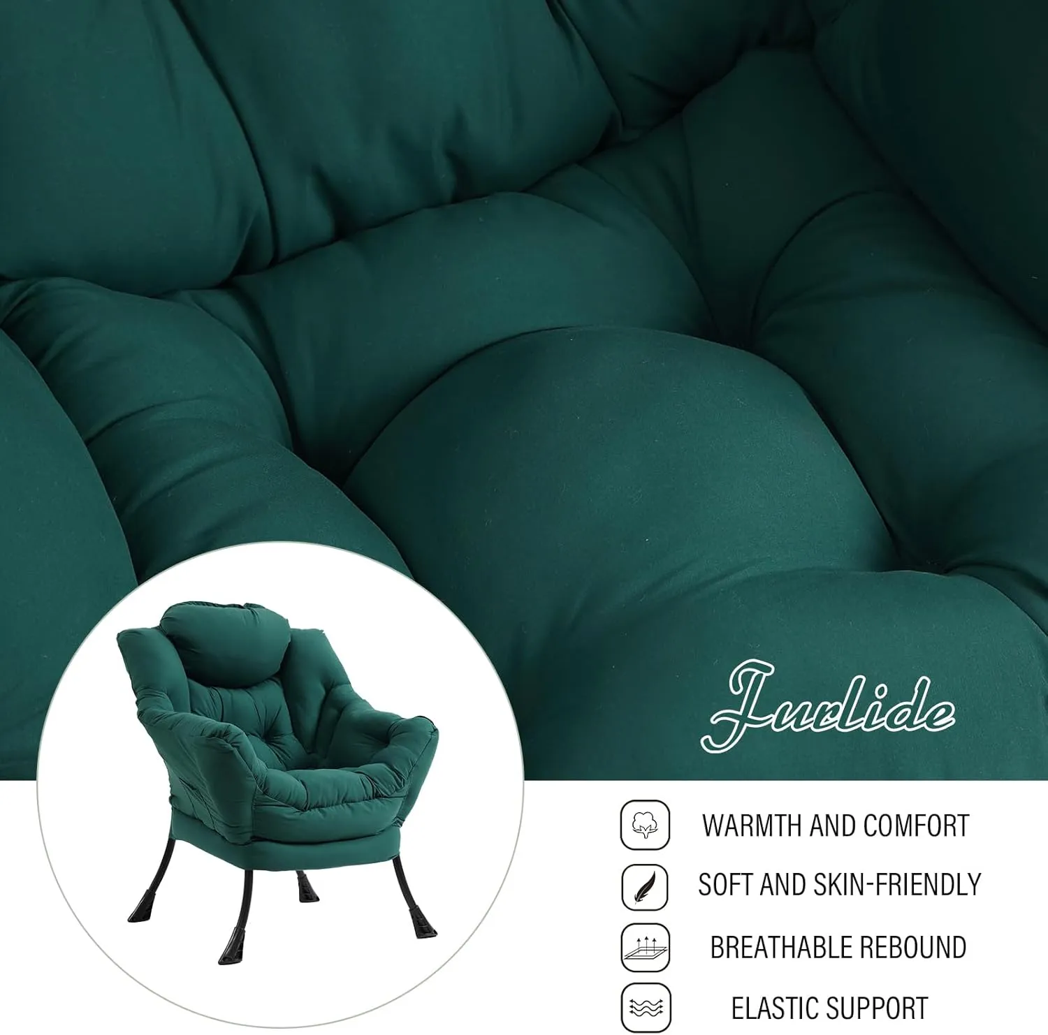 Modern Lazy Chair with Folding Footrest, Lounge Accent Reading Chair (Dark Green)