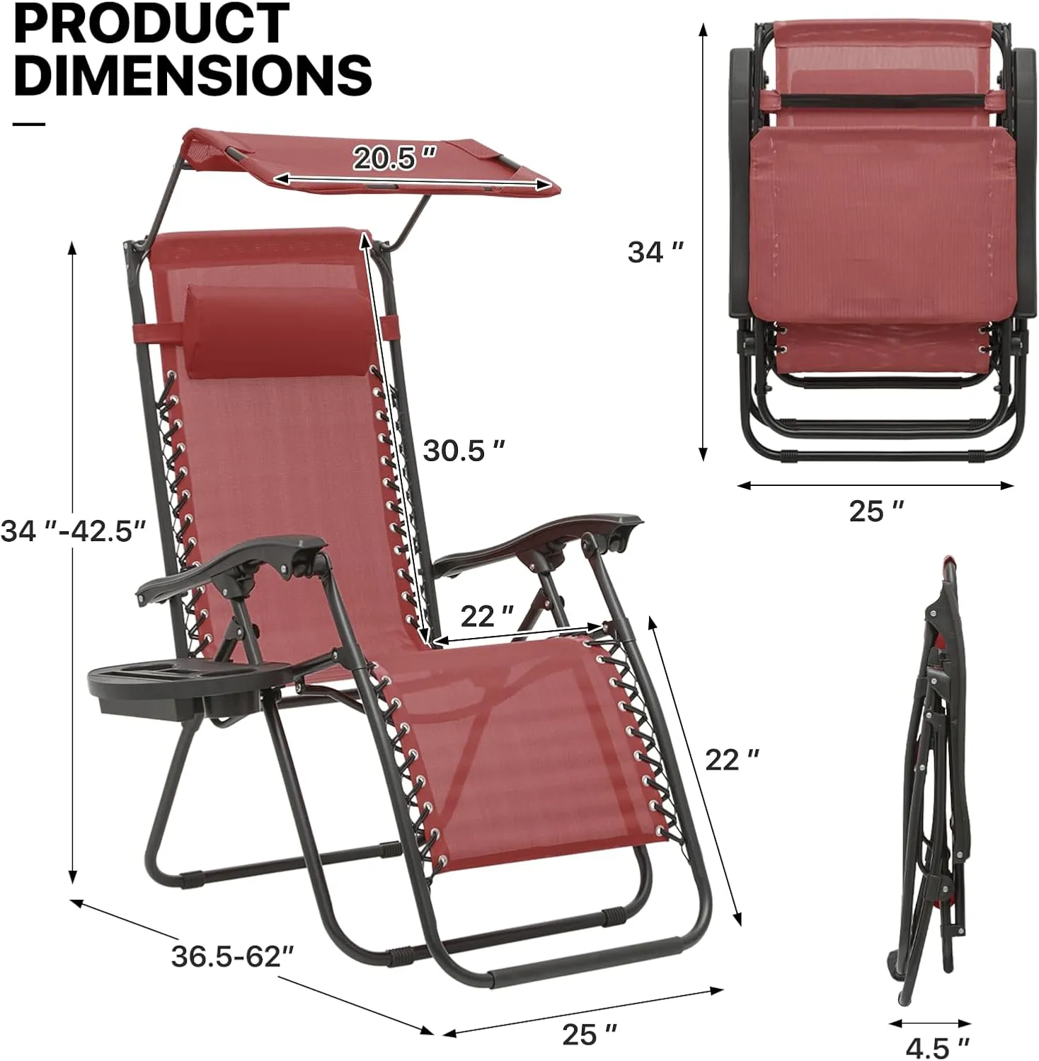 MoNiBloom Patio Zero Gravity Chair Outdoor Recliner Lounger with Canopy Shade and Foot Rest, Cup Holder, 330lbs Capacity, Maroon