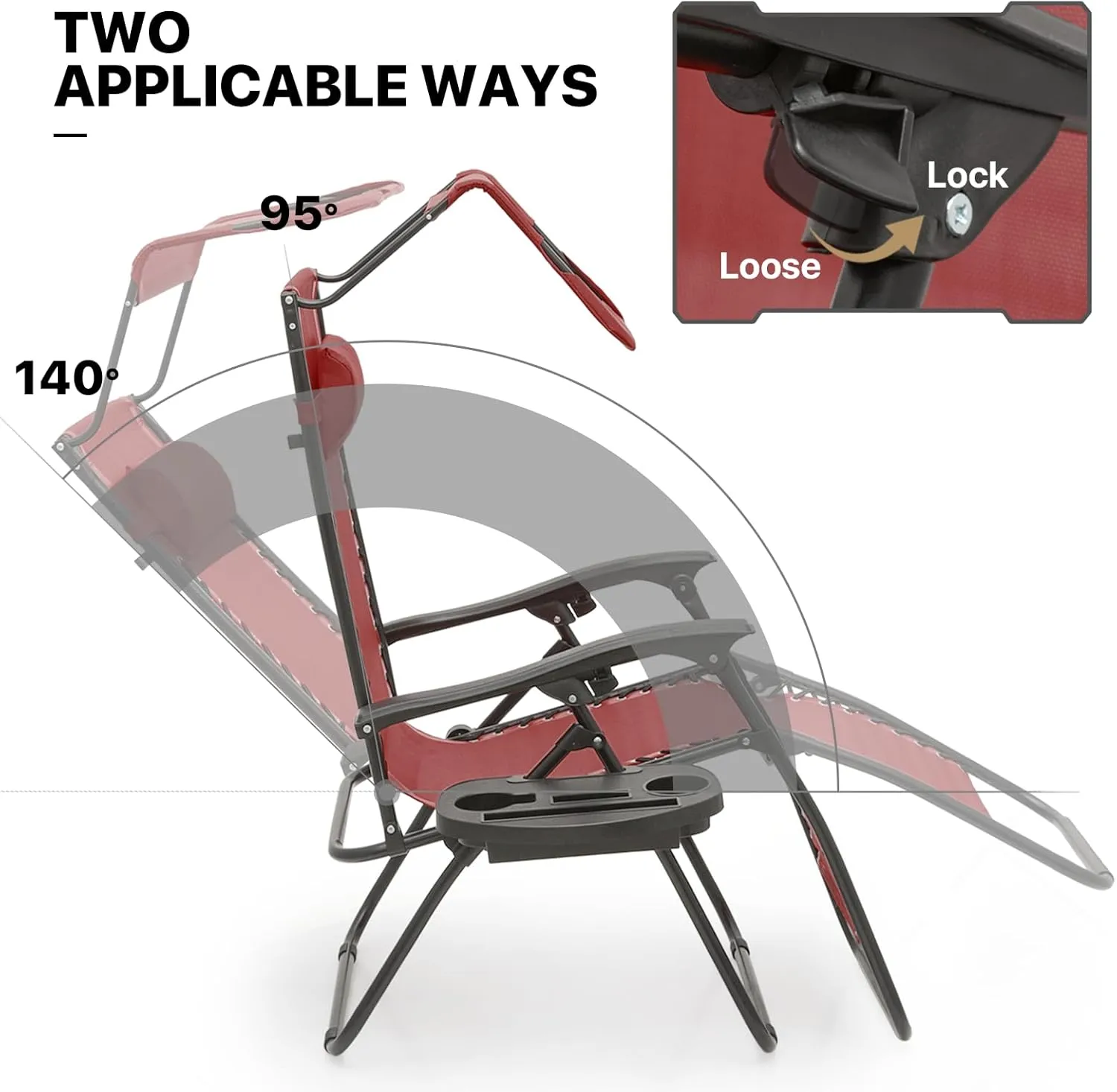 MoNiBloom Patio Zero Gravity Chair Outdoor Recliner Lounger with Canopy Shade and Foot Rest, Cup Holder, 330lbs Capacity, Maroon