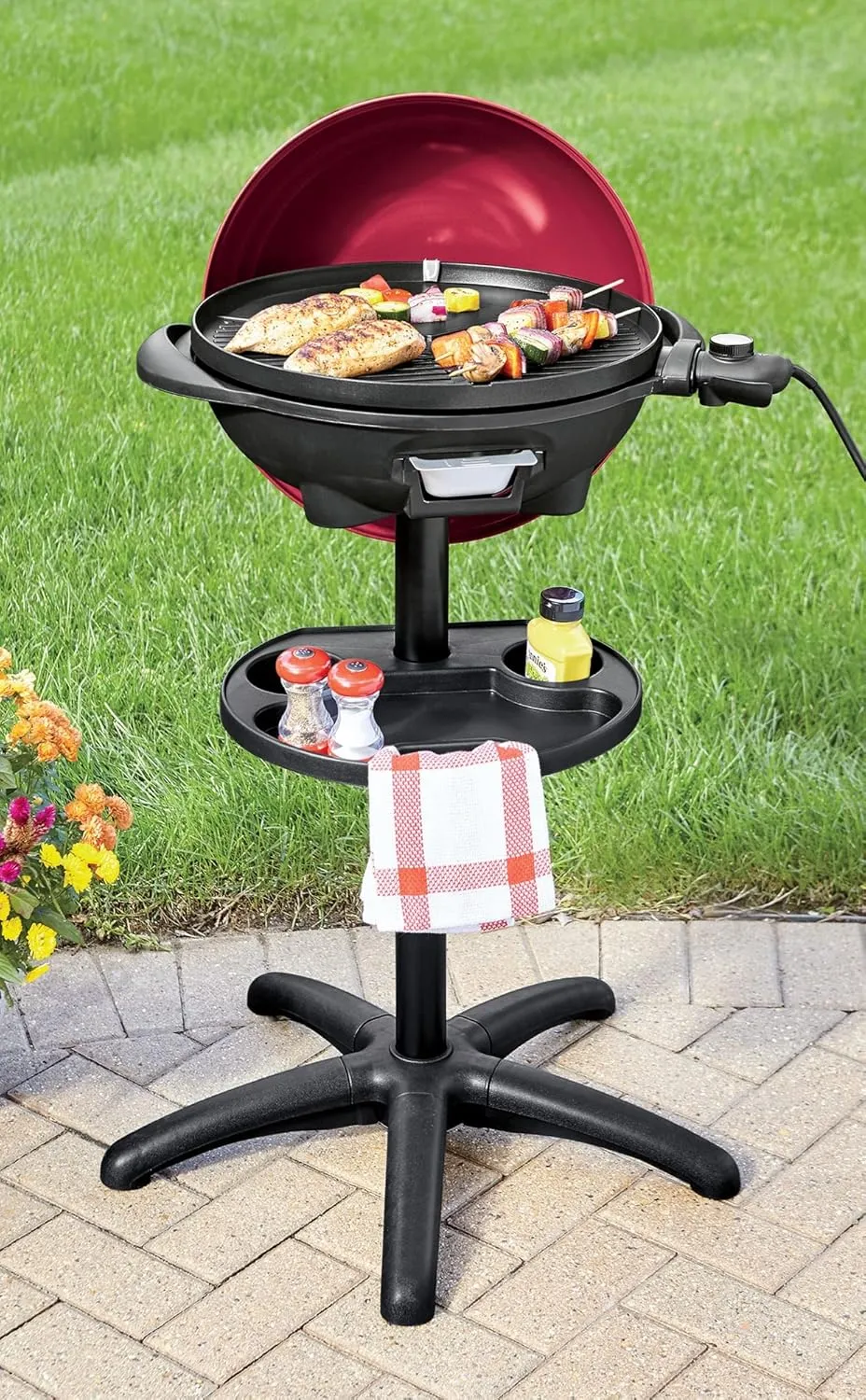 Montgomery Ward Chef Tested Electric Grill- Indoor/Outdoor Use, Removable Cast Aluminum Griddle, Temperature Control, Drip Tray, Warming Drawer, 1350 Watts, (Red, 25"W x 40.25"H x 25"D)