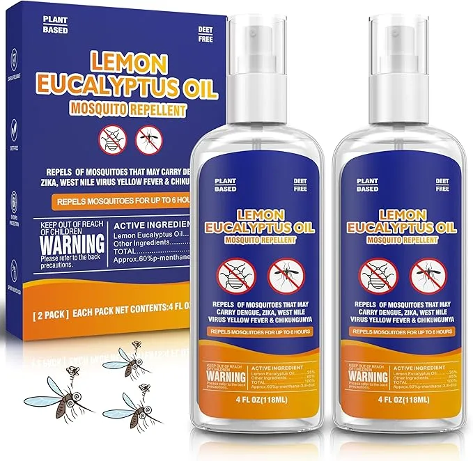 Mosquito Repellent Spray for Body, 4 Fl Oz DEET-Free Lemon Eucalyptus Essential Oil Natural Insect Bug Spray Travel Size for Indoor Outdoor Patio Yard Effective Mosquito Tick Gnat Fly Control-2 Pack