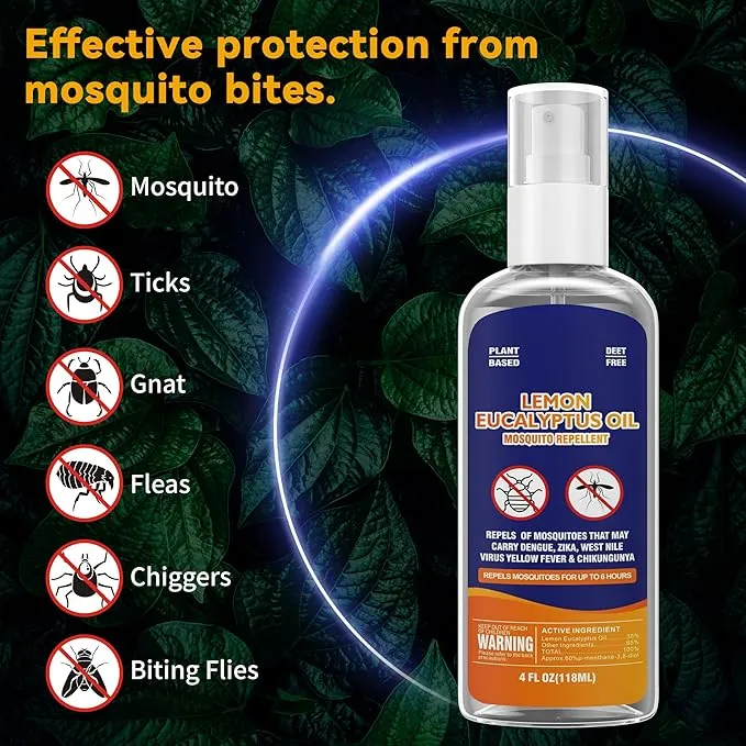 Mosquito Repellent Spray for Body, 4 Fl Oz DEET-Free Lemon Eucalyptus Essential Oil Natural Insect Bug Spray Travel Size for Indoor Outdoor Patio Yard Effective Mosquito Tick Gnat Fly Control-2 Pack