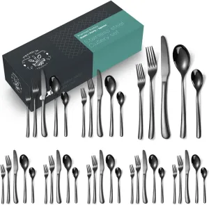 MURRI&MURRDI 40-Piece Stainless Steel Flatware Set for 8 - Heavy-Duty Reusable Cutlery with Case - Dishwasher Safe Utensils for Home, Travel, Camping (Black)