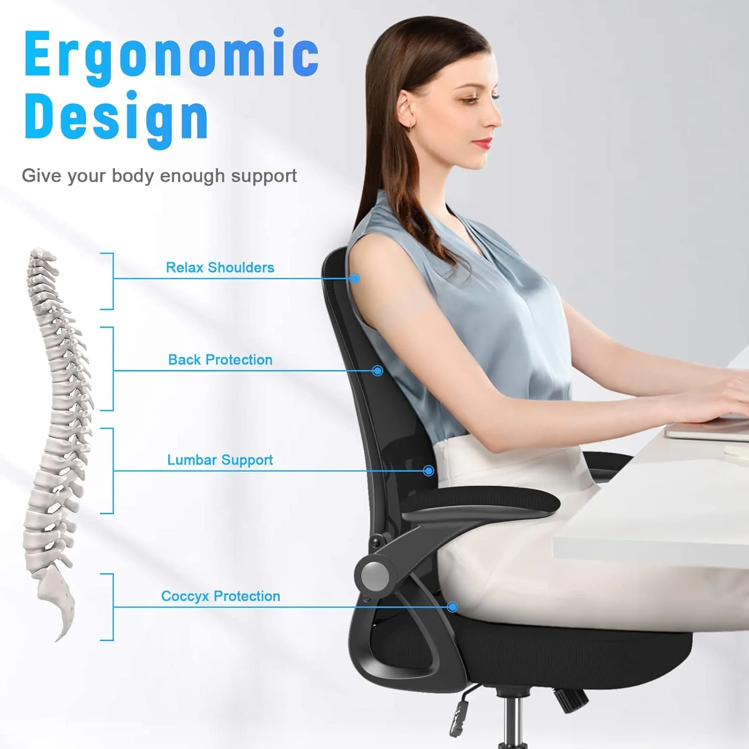 naspaluro Ergonomic Office Chair, Mid Back Desk Chair with Adjustable Height, Swivel Chair with Flip-Up Arms and Lumbar Support, Breathable Mesh Computer Chair for Home/Study/Working, Dark Black
