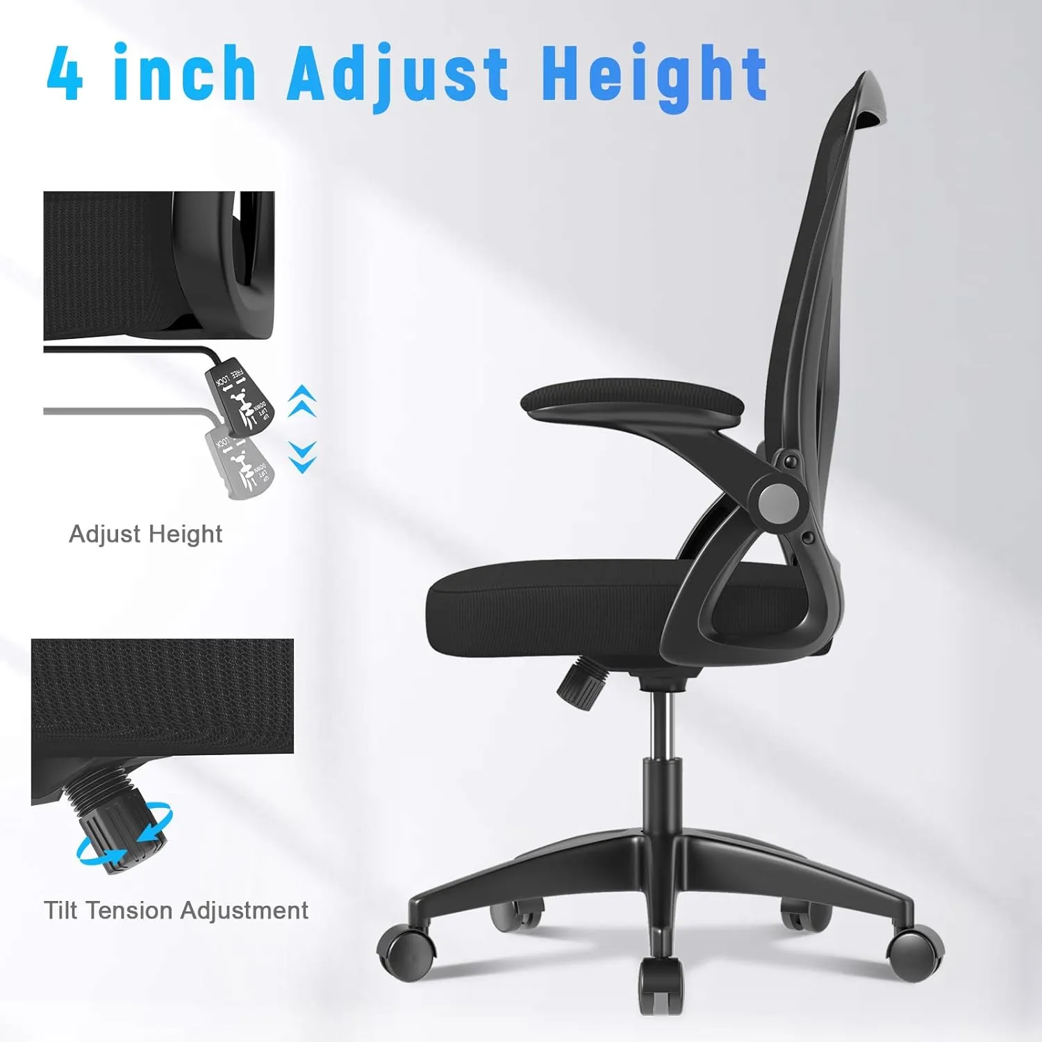 naspaluro Ergonomic Office Chair, Mid Back Desk Chair with Adjustable Height, Swivel Chair with Flip-Up Arms and Lumbar Support, Breathable Mesh Computer Chair for Home/Study/Working, Dark Black