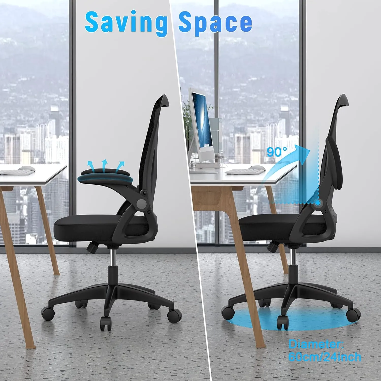 naspaluro Ergonomic Office Chair, Mid Back Desk Chair with Adjustable Height, Swivel Chair with Flip-Up Arms and Lumbar Support, Breathable Mesh Computer Chair for Home/Study/Working, Dark Black
