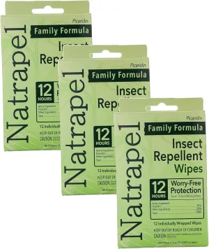 Natrapel Tick & Insect Repellent Wipes - Bug Spray with 20% Picaridin - Family Protection Against Mosquitoes, Ticks & More - Up to 12 Hours of Protection - 12 Wipes (3 Pack)