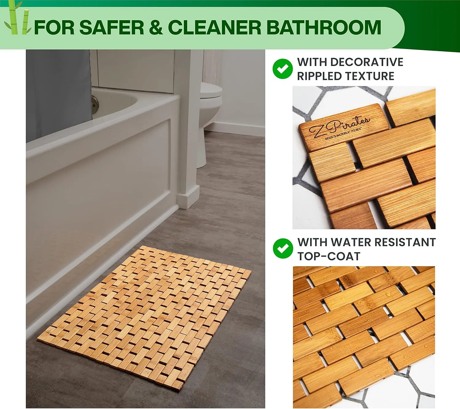 Natural Bamboo Wood Bath Mat, Wooden Door Mat