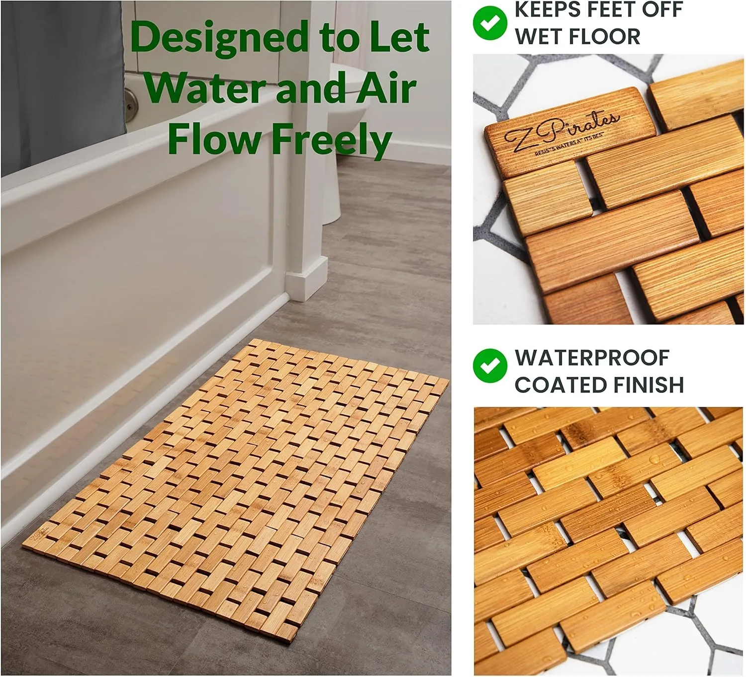Natural Bamboo Wood Bath Mat, Wooden Door Mat