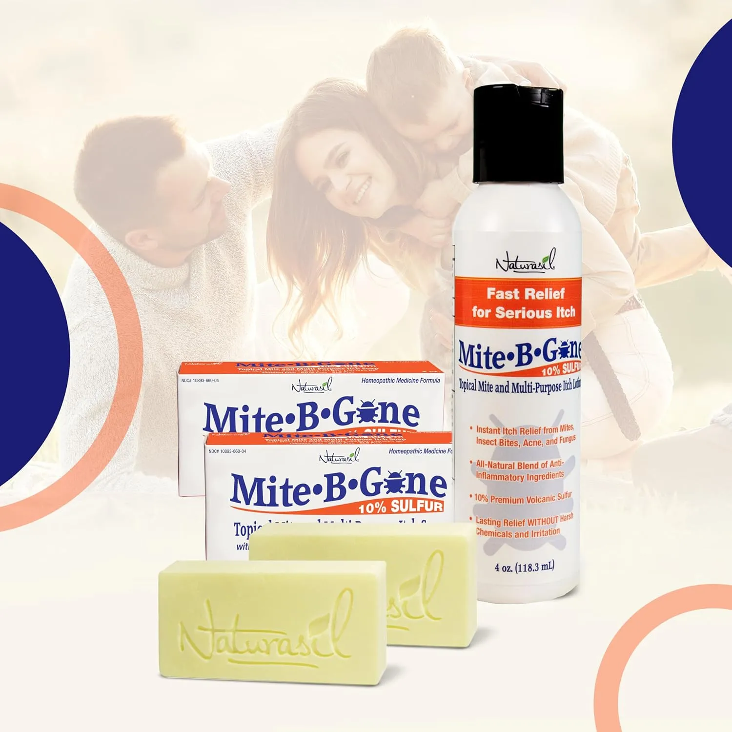 Natural, Calming Itch Relief Pack by Mite-B-Gone - 10% Sulfur Lotion (4oz)   2 Soaps | Treats Bites, Acne, Itching, Rosacea & Irritation | Safe for Kids & Adults | Fast & Effective for All Skin Types