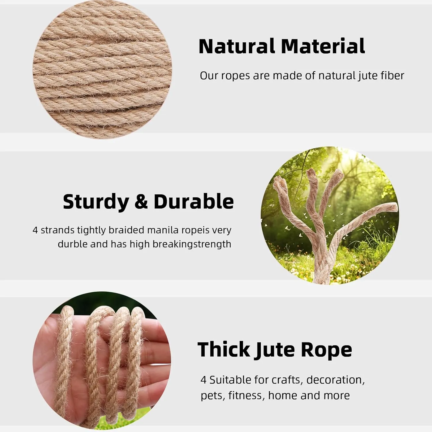 Natural Hemp Rope,1/3 Inch×200 Ft Jute Rope, Twisted Manila Rope, Twine String Indoor Outdoor DIY Thick Rope Home Decor Crafts for Bundling, Climbing, Hammock, Nautical, Tug of War