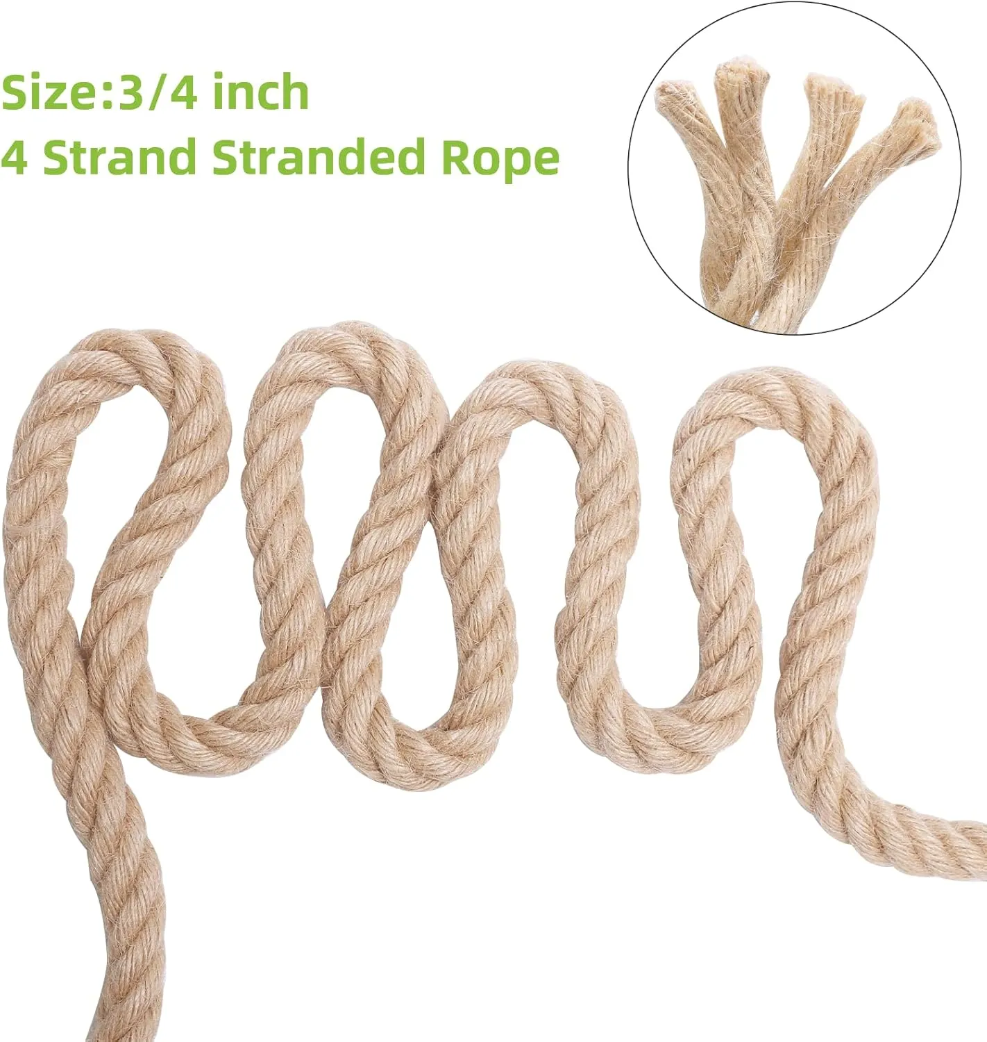 Natural Hemp Rope,3/4 Inch×50 Ft Jute Rope, Twisted Manila Rope, Twine String Indoor Outdoor DIY Thick Rope Home Decor Crafts for Bundling, Climbing, Hammock, Nautical, Tug of War