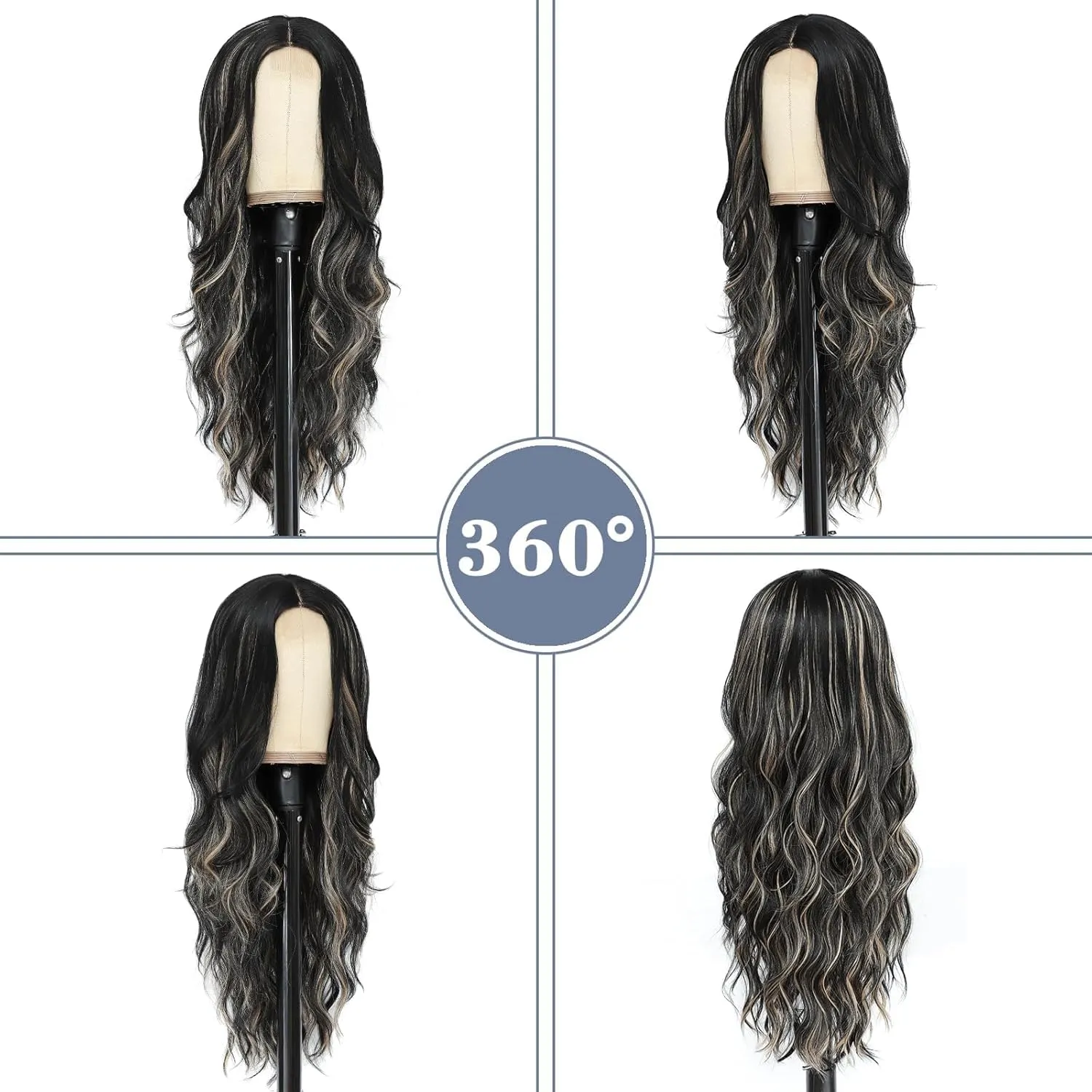 NAYOO Long Black Mixed Blonde Wavy Wig for Women 26 Inch Middle Part Curly Wavy Wig Natural Looking Synthetic Heat Resistant Fiber for Daily Party (Black Mixed Blonde)