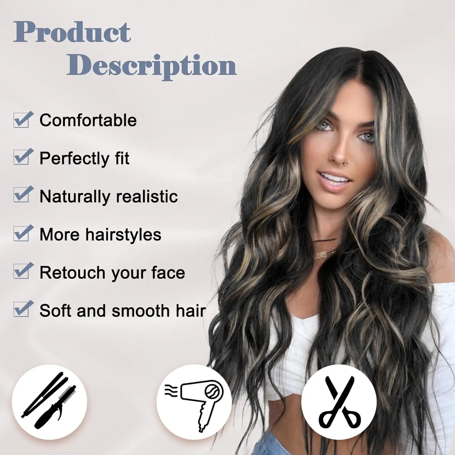NAYOO Long Black Mixed Blonde Wavy Wig for Women 26 Inch Middle Part Curly Wavy Wig Natural Looking Synthetic Heat Resistant Fiber for Daily Party (Black Mixed Blonde)