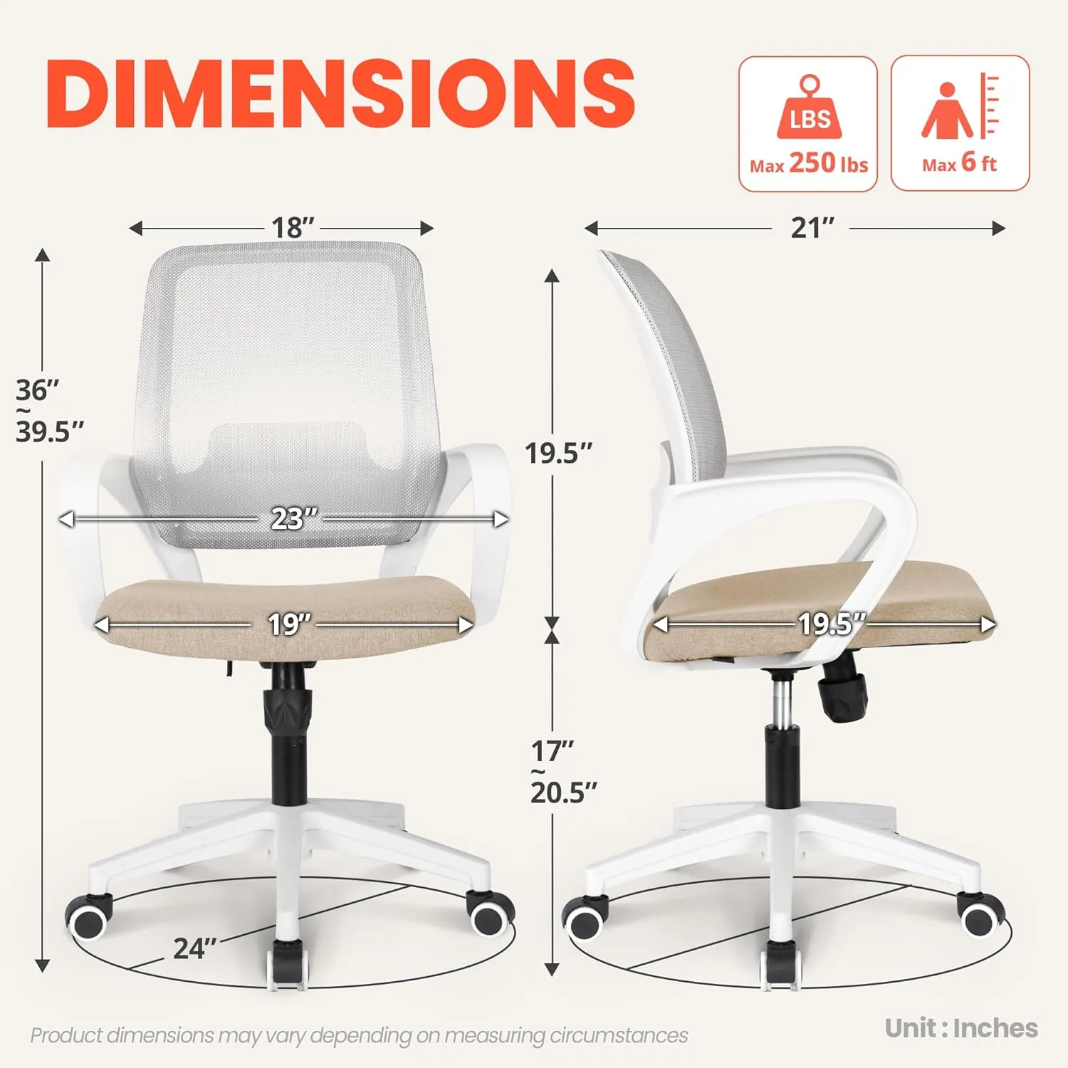NEO CHAIR Office Desk Ergonomic Mesh Computer Chair with Lumbar Support Adjustable Height Swivel Rolling Wheels Comfy Mid Back Task Chair for Home Bedroom Vanity Study (Beige)