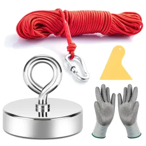 Neosmuk Fishing Magnet, 550 lb  Giant Rare Earth Magnet with Rope, Large and Big 2.5 inches Diameter Disc Magnetic Fishing Kit for Tools, Heavy Duty and Thick Retrieving Neodymium Magnet with Hole…