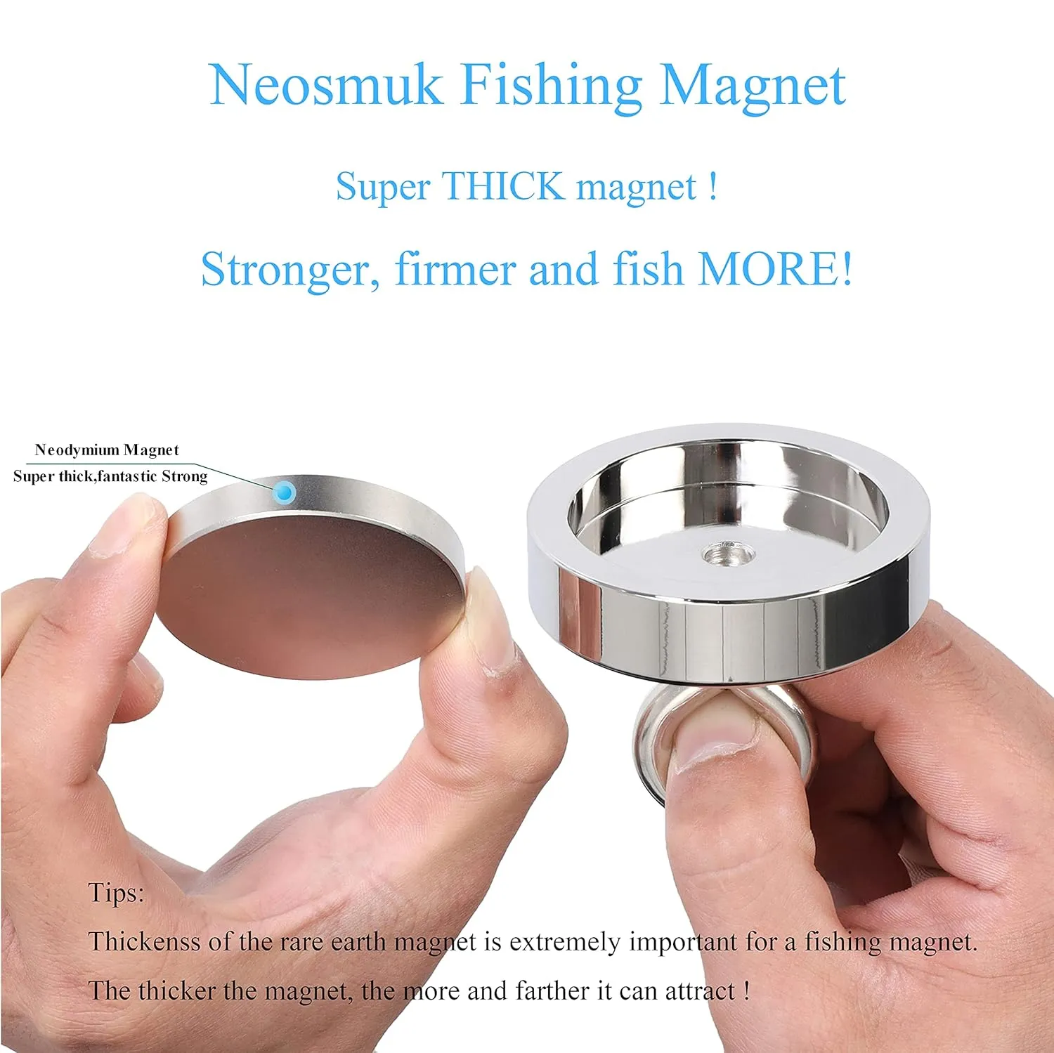 Neosmuk Fishing Magnet, 550 lb  Giant Rare Earth Magnet with Rope, Large and Big 2.5 inches Diameter Disc Magnetic Fishing Kit for Tools, Heavy Duty and Thick Retrieving Neodymium Magnet with Hole…