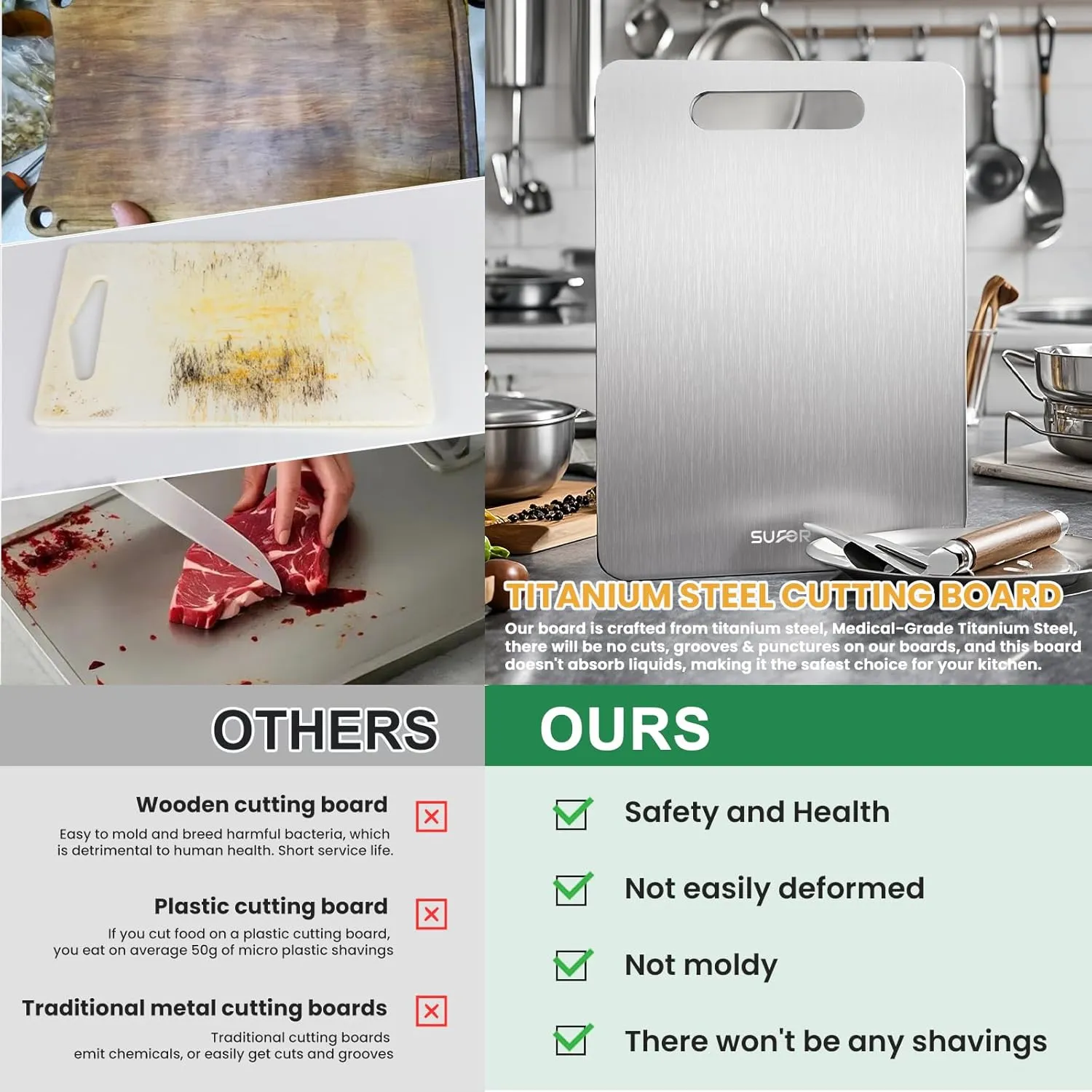 New Titanium Cutting Board, 100% Pure Titanium Cutting Boards For Kitchen, Non-Slip Chopping Board, Dishwasher Safe, Easy to Clean, Durable & Hygienic for Meat, Vegetables, Fruits (13 * 9)