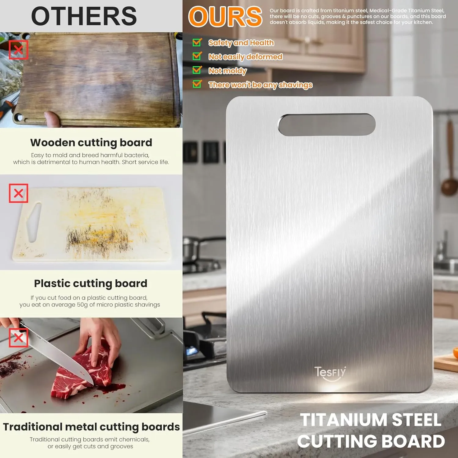 New Titanium Cutting Board - 100% Pure Titanium Cutting Boards For Kitchen,Easy to clean,Double-sided food-grade Cutting Board For Cutting Meats, Fruits And Vegetables(13 * 9)
